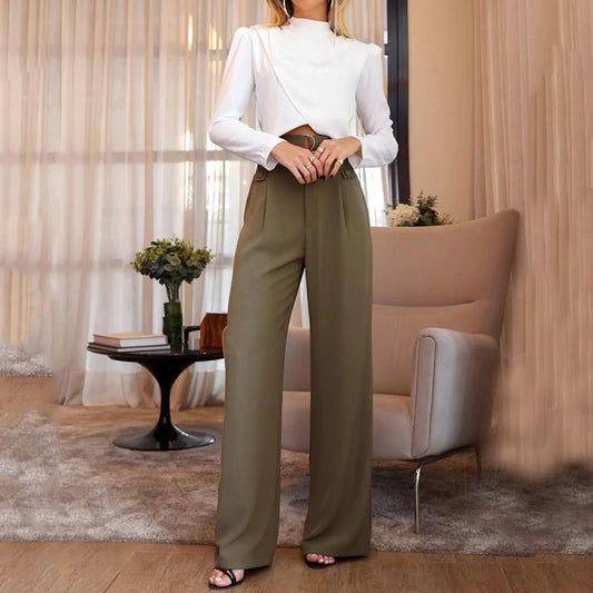 New Fashion Round Neck Temperament Long Sleeve Waist-tight Slimming Suit Pants